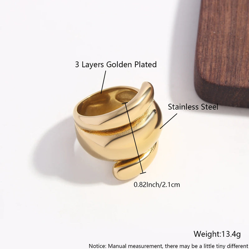 New Irregular Stainless Steel Chunky Dome Ring for Women Men Statement Croissant Ring Wide Double Layer Rings Party Jewelry Gift