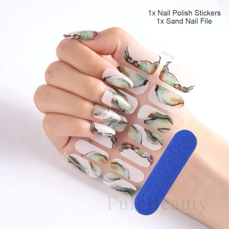 Gel Nail Stickers Lacquer Strips Full Cover Adhesive Slider Wraps With Line Foil Design Sanding File Nail Art Accessories LAJX22