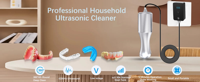Limpiador ultrasónico para dentaduras postizas, limpiador portátil de joyas, relojes y gafas, lavadora ultrasónica para frutas y verduras.