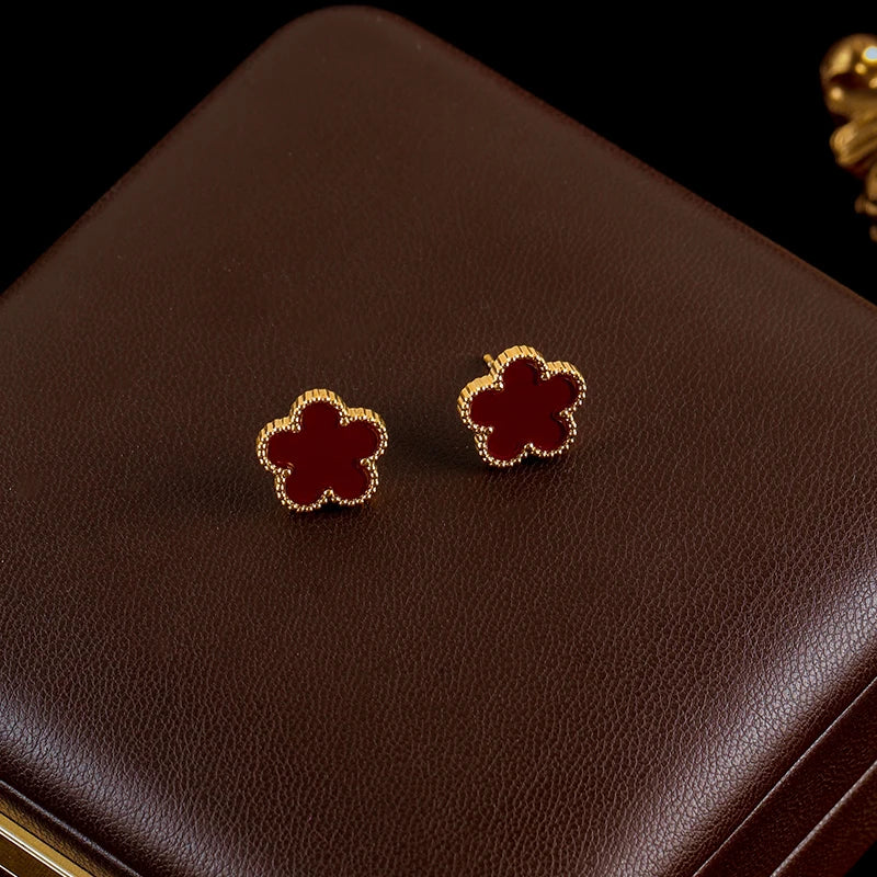 GANEMLY 316L Stainless Steel Red Plum Blossom Plant Leaf Flower Set Reversible Necklace Earrings Bracelet Women Clover Jewelry