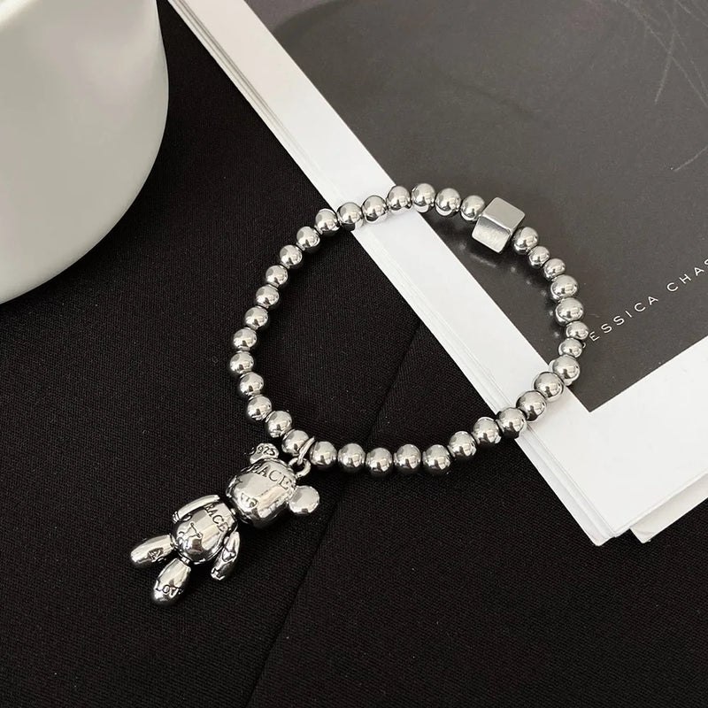 Fashion Cute Hip Hop Bear Pendant Necklace for Men & Women Punk Wind Titanium Steel Sweater Chain Jewelry Set Lovers Gift