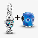 2Pcs/Lot Crystal Blue Scaled Fish Bead With Pendant Fit DIY Brand Charm Bracelet  For Women's Summer Jewelry To Making Gift