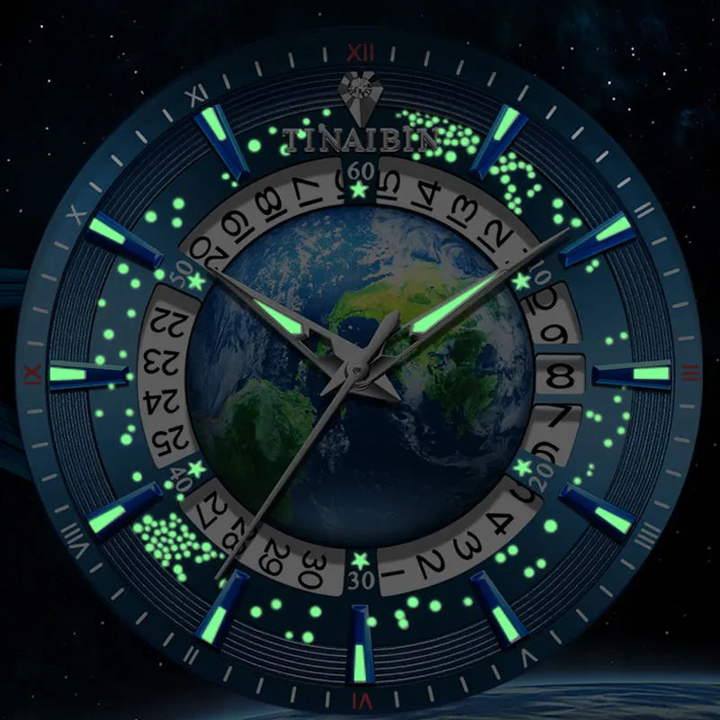 Tourbillon Earth Men's Watch Luminous 3D Mechanical Automatic Genuine Leather Waterproof High End Luxury relogios masculino