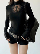 Turtleneck Top Y2k Clothes Black Gothic Cross Hollow Slimming Bottom T Shirt for Women Long Sleeve Sexy T-shirt Girls Tops