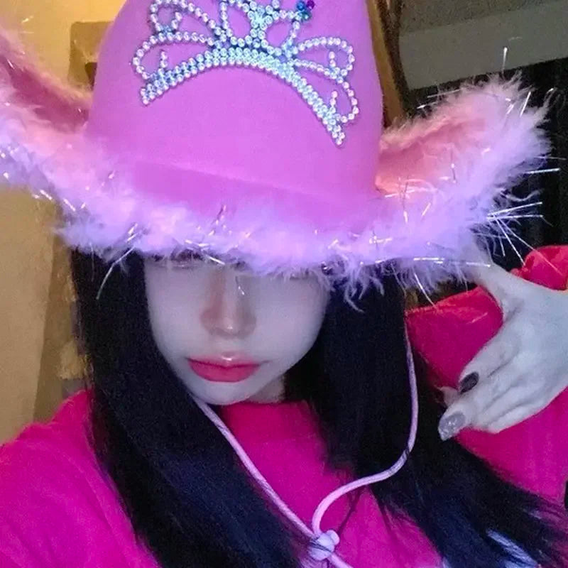 Women's Pink West Cowgirl Hat Girls Tiara Feather Felt Western Sequin Cowboy Cap Costume Party Dress Jazz Caps Cosplay Props