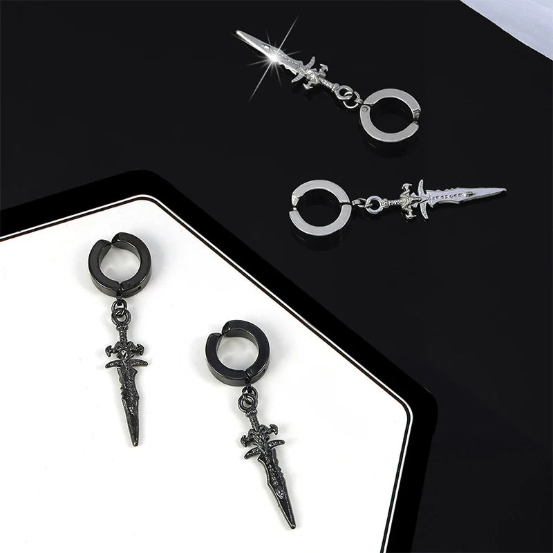 1 Pairs Stainless Steel Painless Ear Clip Earrings for Men Women Punk Sword Cross Black Non Piercing Fake Earrings Jewelry Gifts