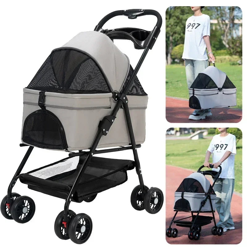 Suitable for dogs and cats to use outdoors. Foldable pet stroller, four-wheel dog travel cart, with storage basket