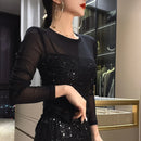 Spring Autumn Fashion Solid Round Neck Long Sleeve T-Shirts Women's Clothing Patchwork Sequin Bottoming Shirt Breathable Tops