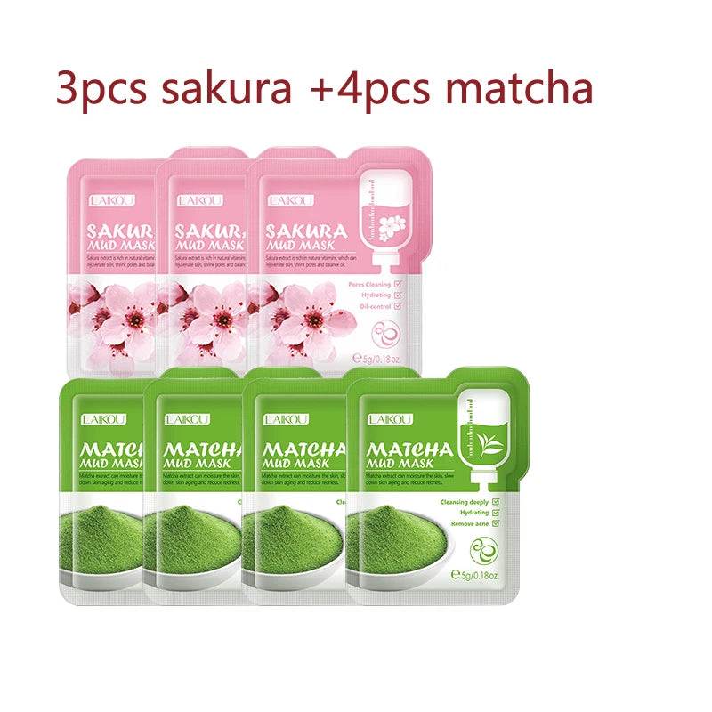 Mascarilla facial de barro Sakura japonesa (7 unidades), limpieza profunda, elimina puntos negros, control de grasa, mascarilla de arcilla, hidratante, cuidado facial.