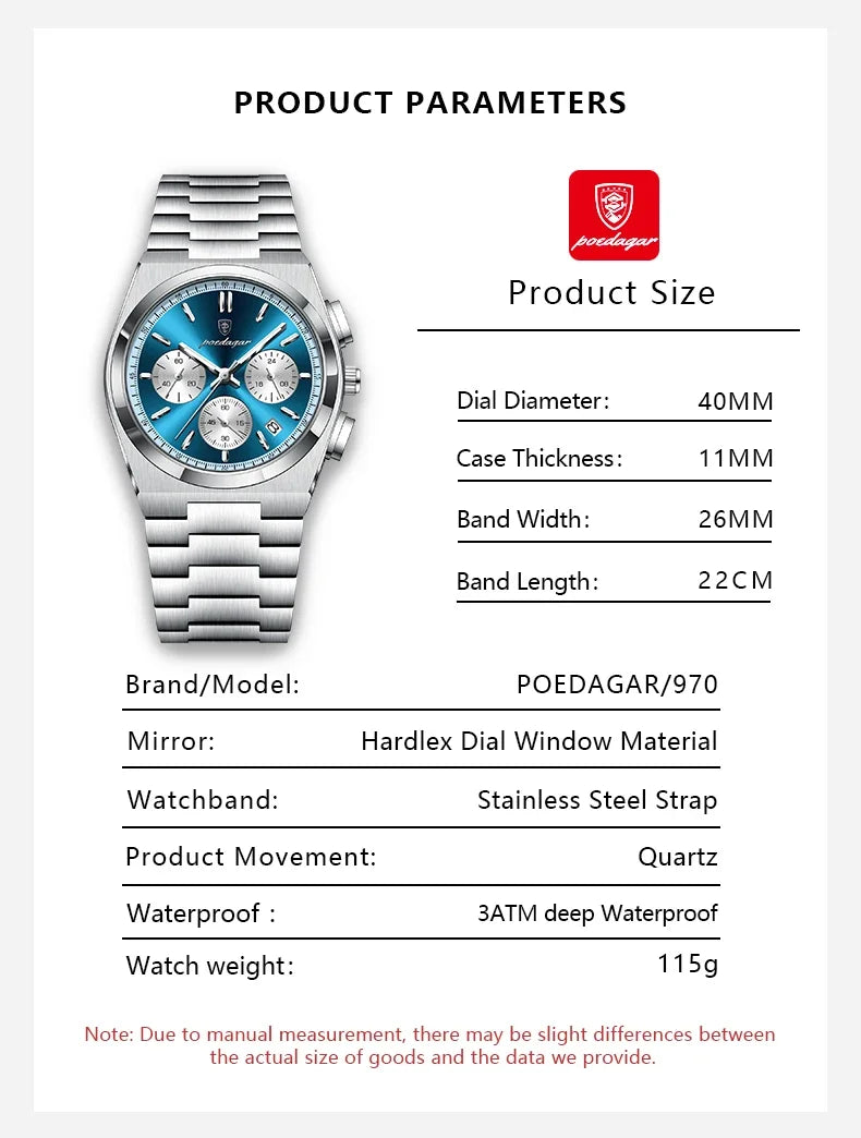 POEDAGAR Luxury Man Quartz Watch Sport Military Watch For Men Waterproof Luminous Date Chronograph Stainless Steel Men's Watches