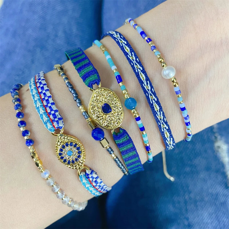 KKBEAD Tiny Beads Dainty Bracelet Handmade Fabric Rhinestone Evil Eye Bracelets for Women Colombia Jewelry Natural Pearl Pulsera
