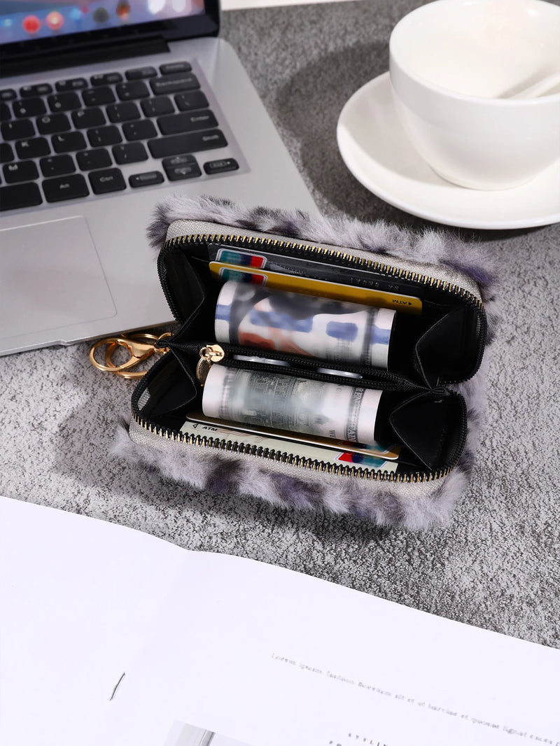 Leopard Print Short Wallet Trend Plush Multi Slot Credit Card Bag Multifunctional Portable Wallet For Outdoor Use