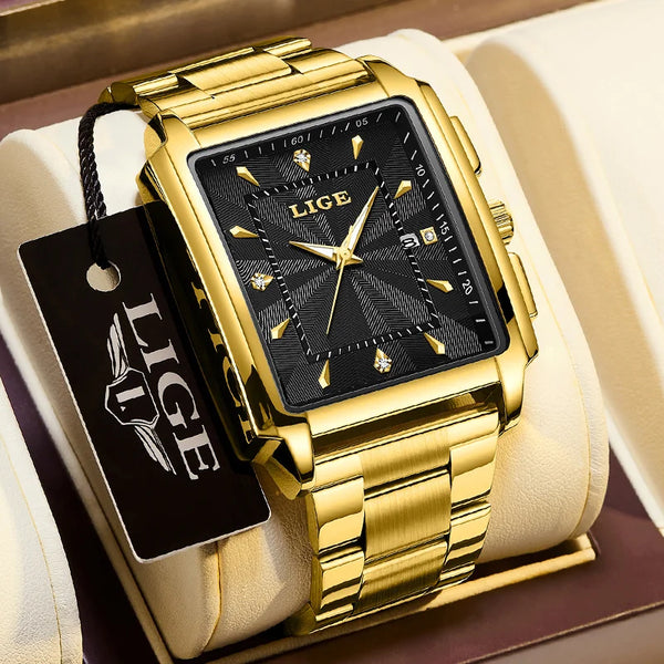 LIGE Gold Stainless Steel Men Watches Quartz Waterproof Luminous Male Clock Business Sport Mens Watch Luxury Calendar Man Watch