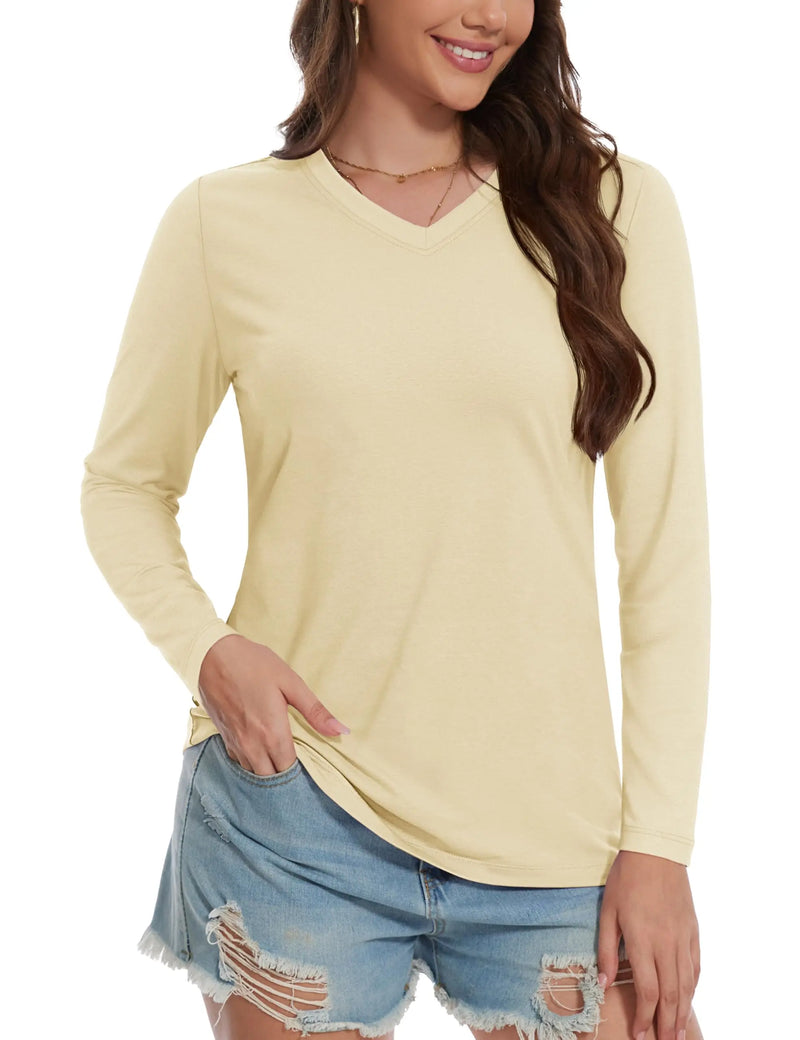 TACVASEN Cotton UPF50+ Sun Protection T-Shirts Womens Fashion V-Neck Long Sleeve Casual Tops Breathable Soft Outdoor Tee Shirts