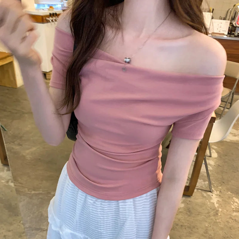 New Sexy Sheathy V-neck Short Sleeve T-shirts Women 2024 Summer Fashion Slim Cropped Tops Woman Solid Casual Tees Tops