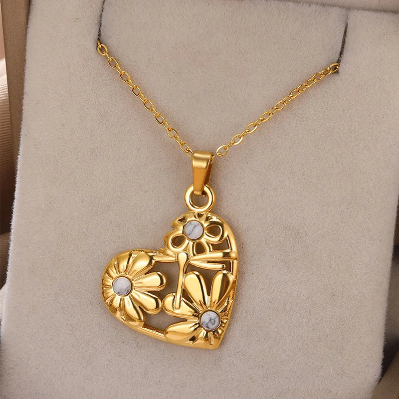 Love Heart Stainless Steel Necklace for Woman Gold Color Zircon Fashion Pendant Chain Jewelry collares para mujer