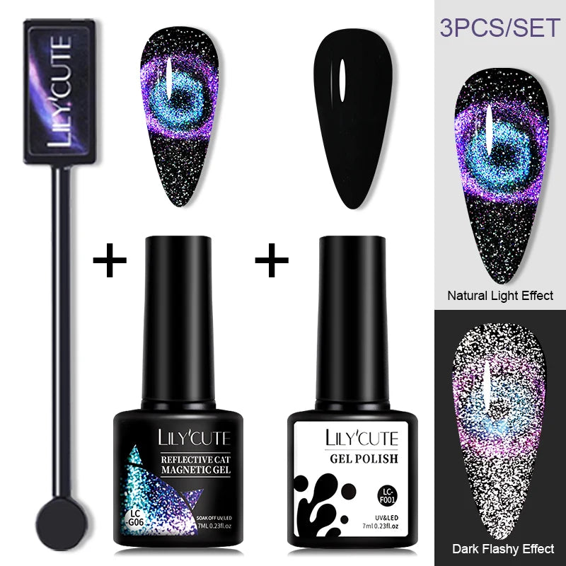 LILYCUTE 7ML 9D Cat Magnetic Gel Polish Set Semi Permanent Soak Off UV LED Glitter Nails Magnet Stick Black Gel Needed