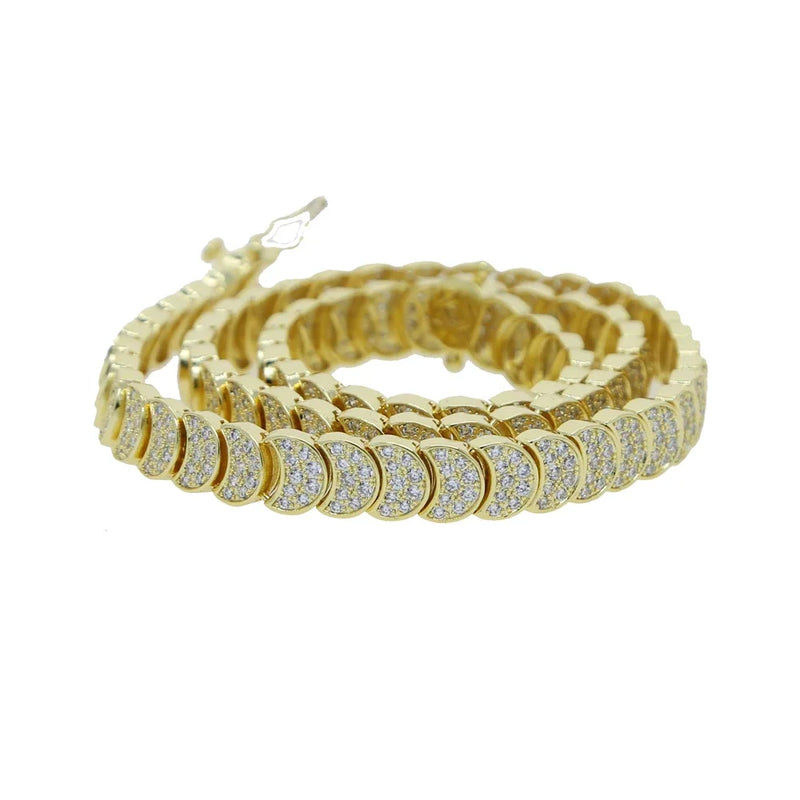 Moon Charm Shaped Chain Bracelet Necklace Gold Color Pave CZ Shiny Polished Fashion European Women Girl Jewelry Set