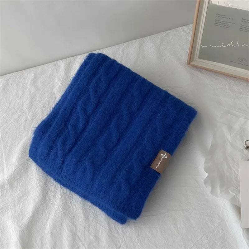 Pure Color Twist Knit Wool Blends Scarf Autumn Winter Lady Men Neckerchief Lovers Student Soft Warm Pashmina Shawl Muffler