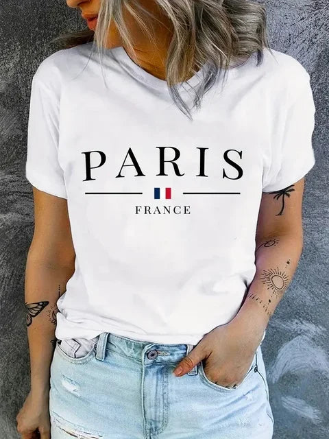 PARIS Women Summer O Neck Fashion Print T-shirt Girl Y2K Short Sleeve Crew Neck Casual Top For Summer & Spring, Female Clothing