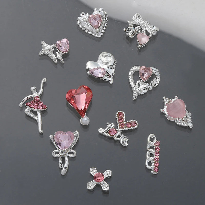 10Pcs Pink Metal Gem Zircon Nail Art Charm 3D Luxurious Heart Ribbon Cross Starlight Nail Decoration DIY Zircon Nail Accessories