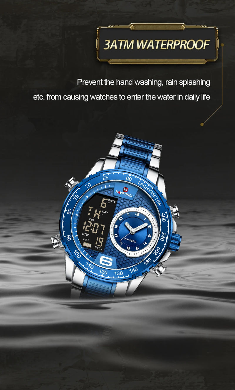 NAVIFORCE Luxury Brand New Watch for Men Stainless Steel Dual Display Quartz Wrist Watches Waterproof Military Sports Male Clock