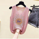 Hot Rhinestone Bright Silk Sleeveless Vest Women's Spring/Summer New Style V-neck Loose All-match Sling Knitted  Top T-shirt