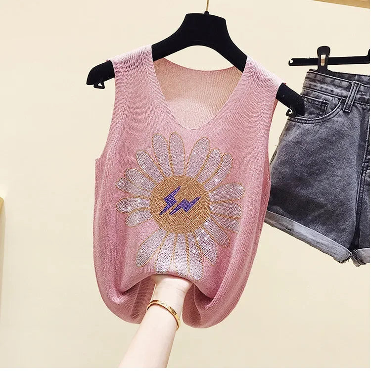 Hot Rhinestone Bright Silk Sleeveless Vest Women's Spring/Summer New Style V-neck Loose All-match Sling Knitted  Top T-shirt