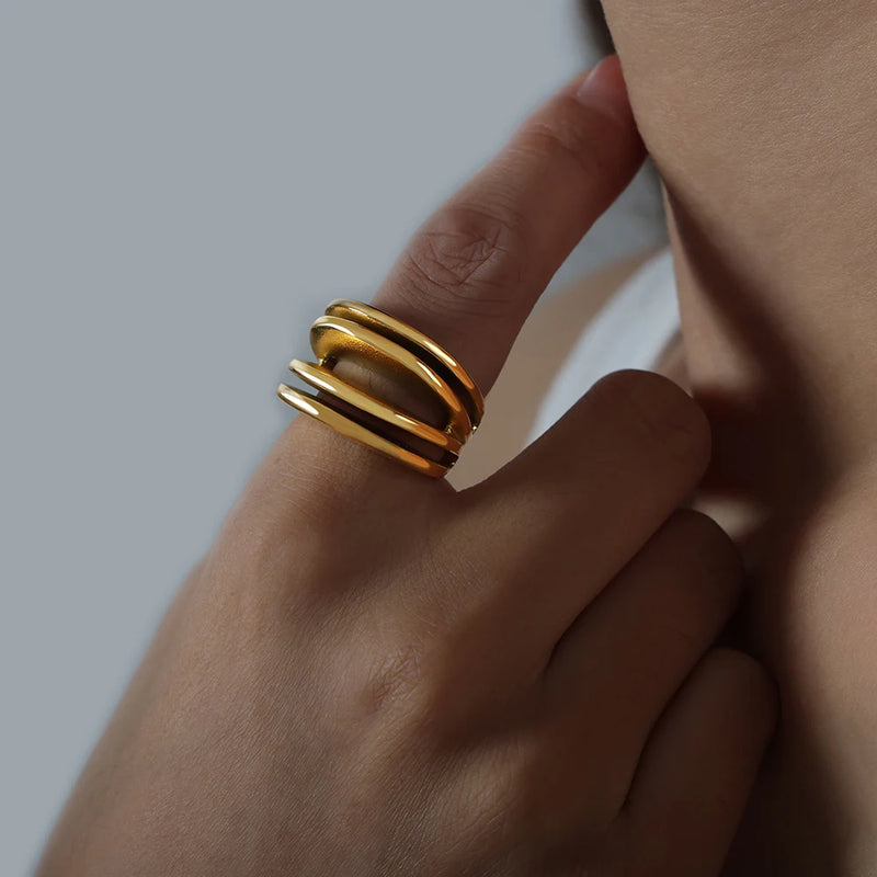 Trendy Multi Layer Rings For Women Men 316L Stainless Steel 18K Gold Plated No Tarnish Women's Finger Ring Female Party Jewelry