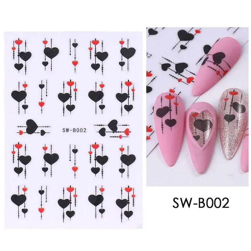 Red Wing Heart Nail Stickers 3D Glitter Stars Moon Lines Foil Metallic Manicure Valentines Decal Slider Manicure Decoration Tips