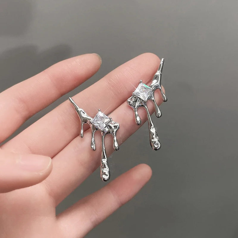 Lava Waterdrop Inlaid Square Zircon Stud Earrings Personality Creativity Irregular Silver Color Ear Wedding Jewelry Gift