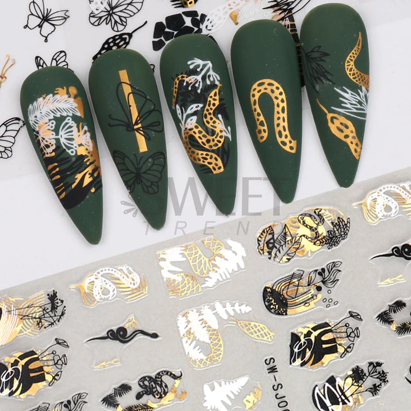 3D Snake Laser Stickers for Manicure Black Gold Abstract Leaves Luxury Nail Art Adhesive Slider Polish Decor Decals SASW-SJ