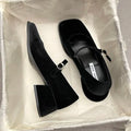 Women's Shoes High Heels 2023 New Spring and Autumn Square-headed Button with Thick Heel Suede Buckle Mary Jane
