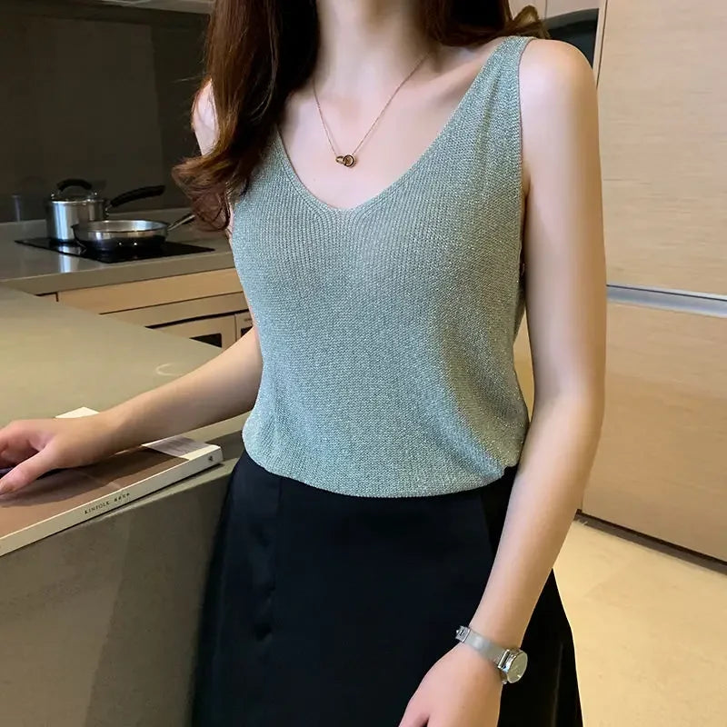 Hot Rhinestone Bright Silk Sleeveless Vest Women's Spring/Summer New Style V-neck Loose All-match Sling Knitted  Top T-shirt