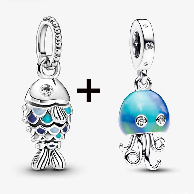 2Pcs/Lot Crystal Blue Scaled Fish Bead With Pendant Fit DIY Brand Charm Bracelet  For Women's Summer Jewelry To Making Gift