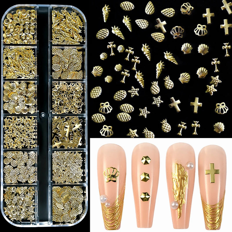 1000Pcs Gold Star Moon Glitter Nail Charms Metal Tips Slice Rivet DIY 3D FlatBack Nail Art Decorations Nails Jewelry Accessories