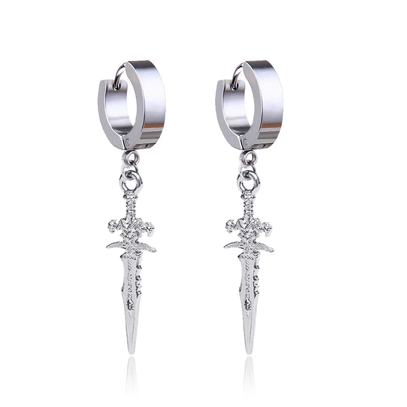 1 Pairs Stainless Steel Painless Ear Clip Earrings for Men Women Punk Sword Cross Black Non Piercing Fake Earrings Jewelry Gifts
