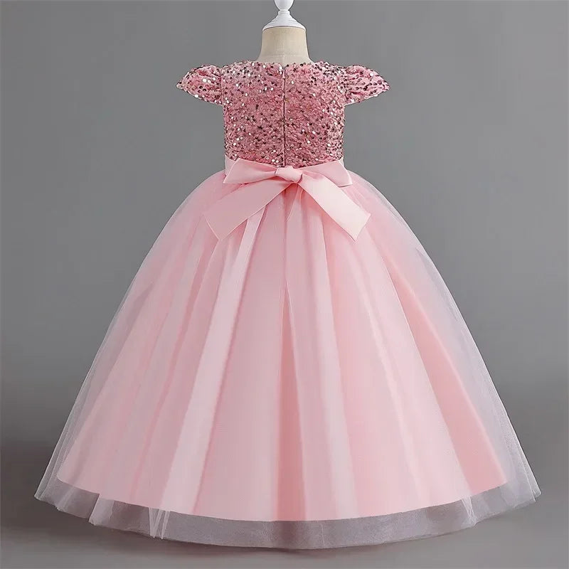 Puffy Girls Party Dress Elegant Kids Wedding Gala Prom Gown Sequin Bow Children Birthday Princess Dress For Girl Clothes 5-14Yrs