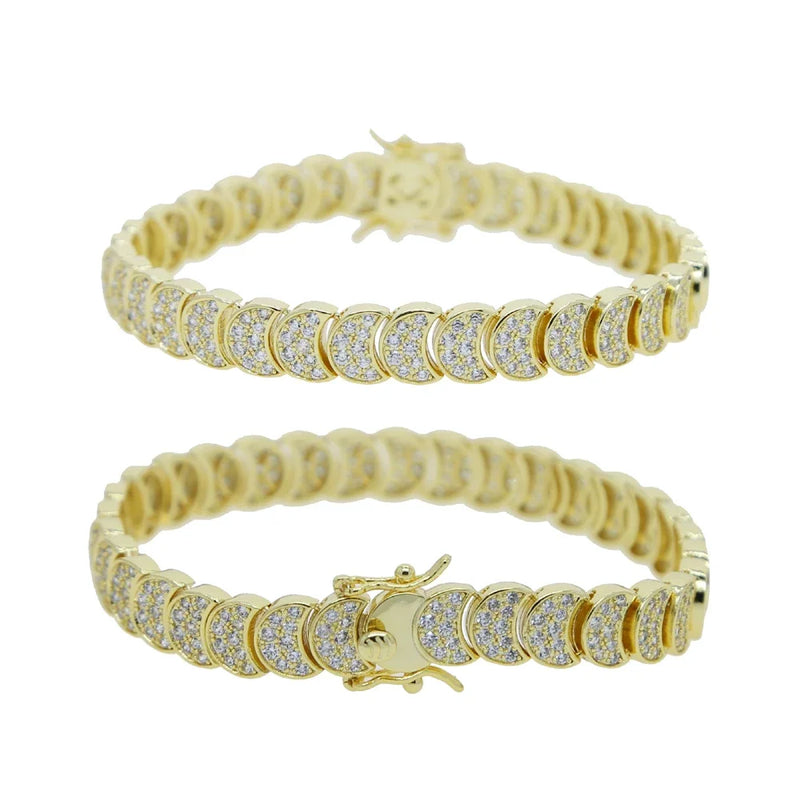 Moon Charm Shaped Chain Bracelet Necklace Gold Color Pave CZ Shiny Polished Fashion European Women Girl Jewelry Set