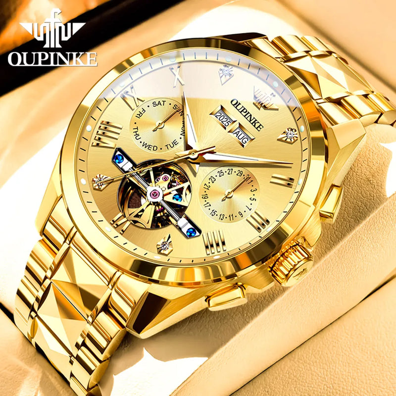OUPINKE 3240 Automatic Watches Men 44mm Large Dial Tungsten Steel Strap Skeleton Flywheel Mechanical Watch for Men Luxury Watch