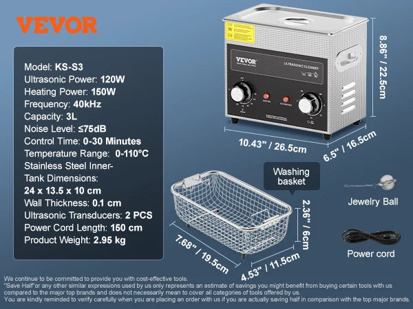 VEVOR Ultrasonic Cleaner with Heater Timer 2/3/6/10/15/30L for Lab Tools Metal Parts Carburetor Brass Auto Parts Engine Parts