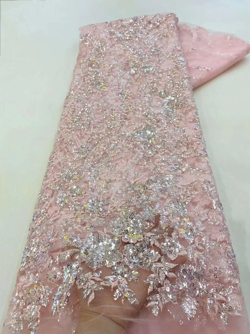 Latest African Sequins Lace Fabric 2024 High Quality Lace Embroidery Beaded Mesh Fabric 5 Yards For Women Wedding Party Dress
