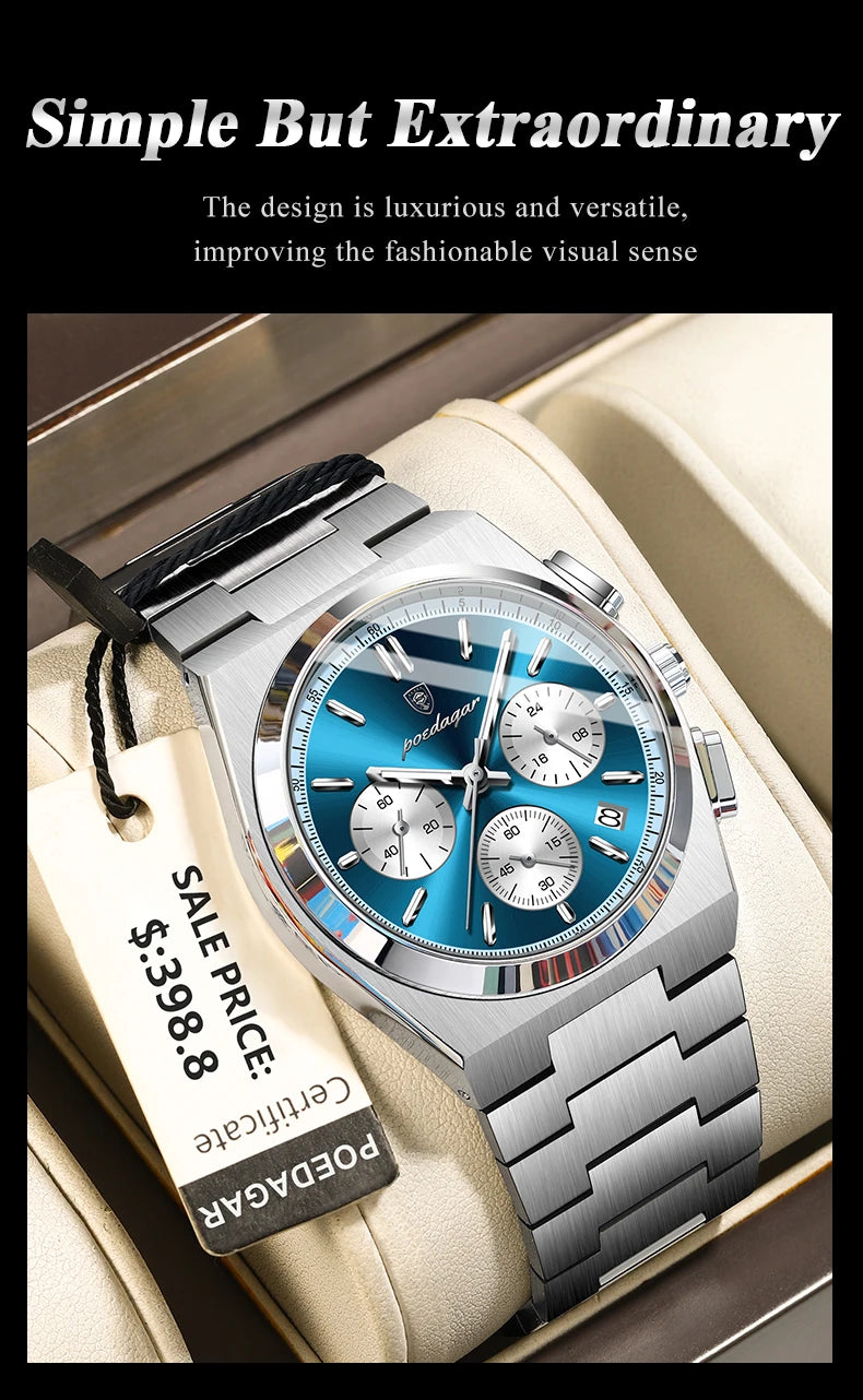 POEDAGAR Luxury Man Quartz Watch Waterproof Luminous Date Chronograph Watches For Men Stainless Steel Fashion Men's Watch Reloj