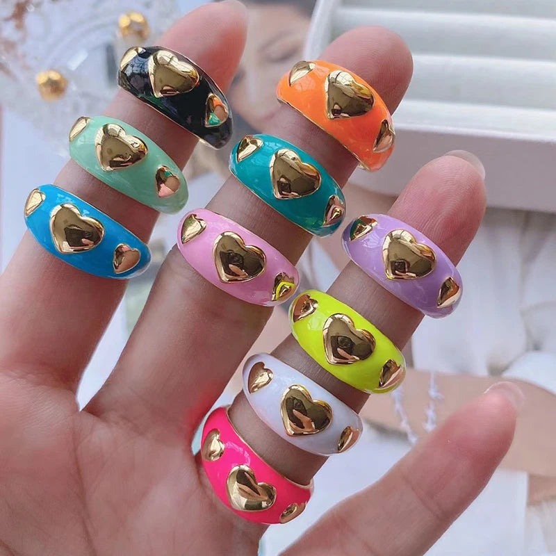 Heart Enamel Ring, Neon Pink Orange Turquoise Blue Pendant Oil Dropped, Sweet Romantic Party Jewelry Wholesale P33