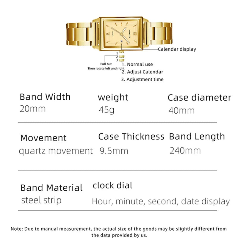Fashion Men's Calendar Sport Casual Leather Wristwatch Luxury Business Golden Stainless Steel Quartz Watch for Man