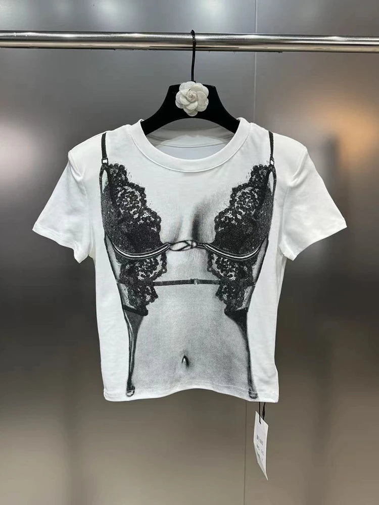 DEAT Fashion Trendy Women's Print Design Elastic T-shirt 2024 Summer New Items Round Neck Short Sleeves Tops Female 11XX9006