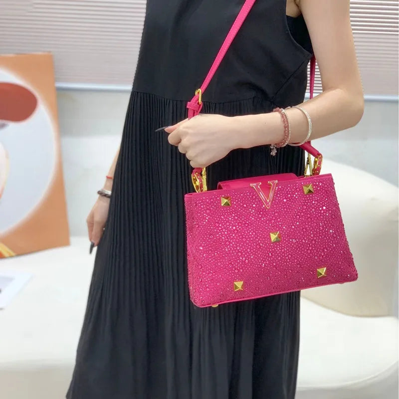 2024 Luxury Top Designer Diamonds Leather Rivets Women's Handbags Ladies Fashion Shoulder Crossbody Bag New Evening Shell Bag