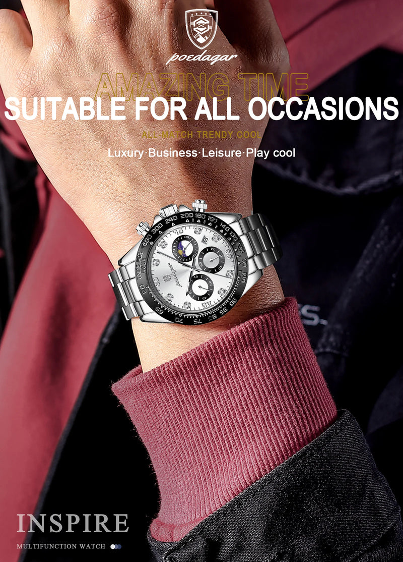 POEDAGAR Luxury Watch For Men High Quality Luminous Waterproof Chronograph Men's Watch Stainless Steel Men Quartz Watches Reloj