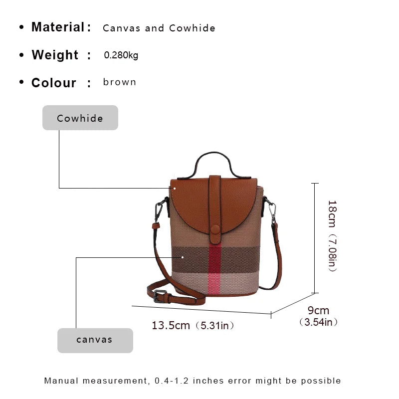 Aidrani  Fashionable women's mini bag, plaid single shoulder crossbody bag, canvas patchwork cowhide portable small bag