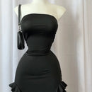 Vestido minivestido sexy sin tirantes con estampado floral, dobladillo plegado, abertura alta, liso, sin espalda, sin mangas, negro y rosa, para fiesta, 2024